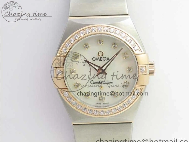 0212 NewStyle Constellation Ladies 27mm ZF 1:1 Best Edition SS RG White MOP Dial Diamonds Bezel & Markers on SS RG Bracelet ETA Quartz 7943